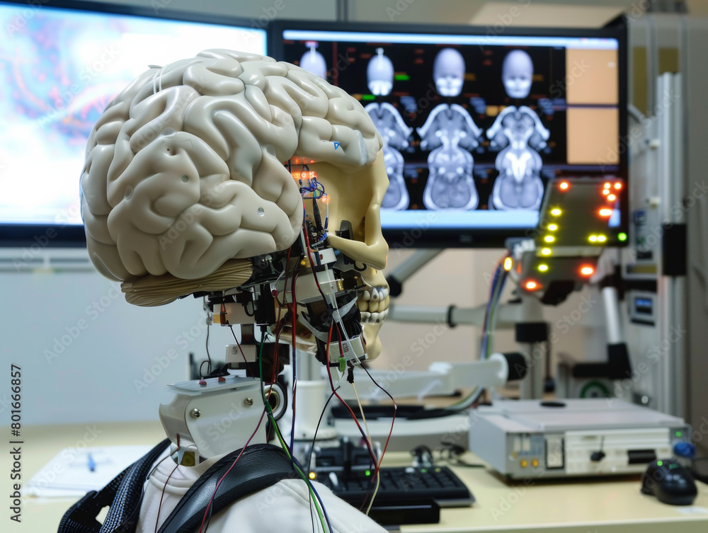 Poster a robot with a brain on its head sits in front of a computer monitor