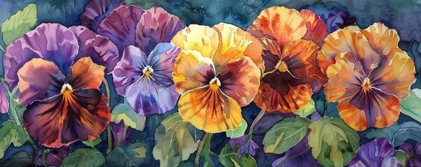 A watercolor painting of purple, yellow and orange pansies.