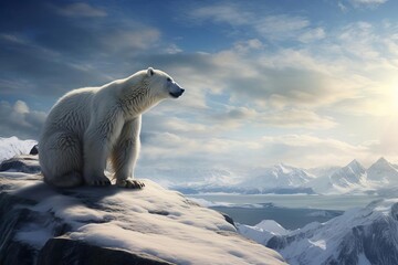 A polar bear sits on a rocky cliff overlooking a vast snowy landscape. The bear is majestic and powerful, a symbol of the strength and resilience of the Arctic.