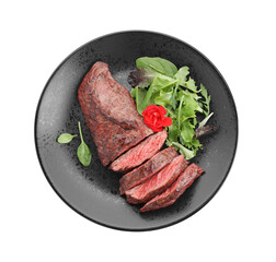 Pieces of delicious grilled beef meat and greens isolated on white, top view