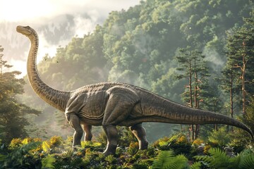 Capture the grace and elegance of a Brachiosaurus as it stretches its long neck to reach high into the treetops for nourishment