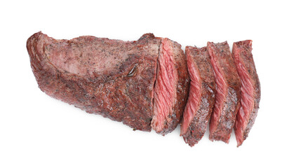 Pieces of tasty grilled beef meat isolated on white, top view