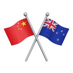 Crossed flags of China and New Zealand isolated on transparent background. 3D rendering