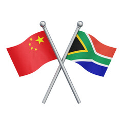 Crossed flags of China and South Africa isolated on transparent background. 3D rendering