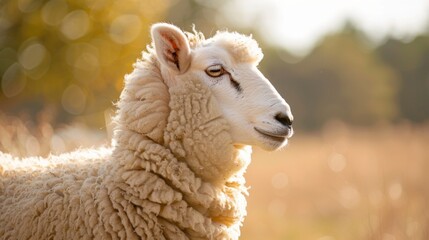 A serene sheep basking in the golden light of sunset, symbolizing tranquility in the countryside.
