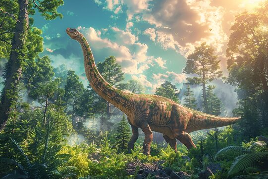 Capture the grace and elegance of a Brachiosaurus as it stretches its long neck to reach high into the treetops for nourishment