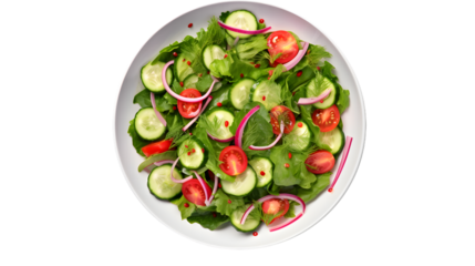 Fresh green vegetable salad with lettuce, tomatoes, cucumber  in a plate isolated on transparent background, top view.  Healthy diet food.