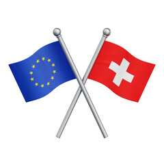 Crossed flags of the European Union and Switzerland isolated on transparent background. 3D rendering