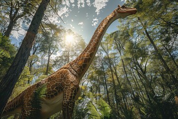 Capture the grace and elegance of a Brachiosaurus as it stretches its long neck to reach high into the treetops for nourishment