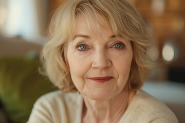 Fototapeta premium Close-up portrait of a serene mature woman with captivating blue eyes and a gentle smile, radiating warmth and wisdom in a cozy indoor setting with soft natural light