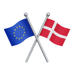 Crossed flags of the European Union and Denmark isolated on transparent background. 3D rendering