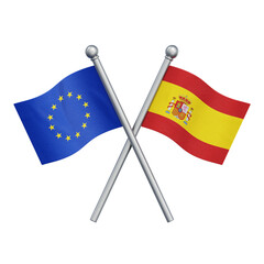 Crossed flags of the European Union and Spain isolated on transparent background. 3D rendering