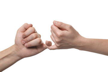 Man and woman holding little fingers together on white background, closeup