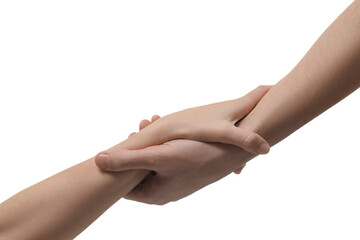 Man and woman holding hands together on white background, closeup