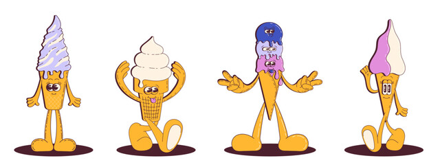 Cartoon Ice Cream Character Set in Retro Groovy Style. Frozen Dessert Mascot Isolated on White. Vector Illustration.