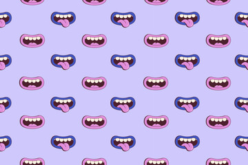 Comic cartoon lips seamless pattern in psychedelic retro style. Funky groovy open mouth with teeth and tongue background. Vector illustration.