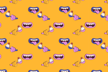 Comic cartoon lips seamless pattern in psychedelic retro style. Funky groovy open mouth with teeth eating dessert with cherry holding spoon background. Vector illustration.