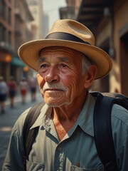 Elder man tourist portrait with hat in city