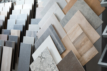 Many samples of tiles on display in store