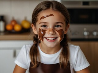 Blondie girl with chocolate on the face and smiling while cooking in kitchen