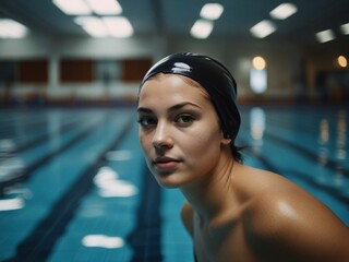 Swimmer woman portrait  in indoor olympic pool