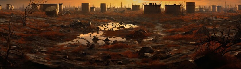 A post-apocalyptic landscape with a bleak and desolate atmosphere