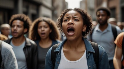 African american woman screaming in protest with group of people on city street