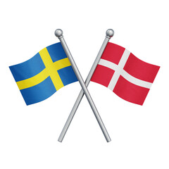 Crossed flags of Sweden and Denmark isolated on transparent background. 3D rendering