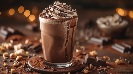 delicious chocolate milkshake topped with whipped cream and chocolate pieces on wooden table with warm bokeh lights