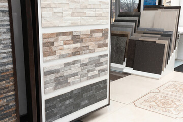 Many different samples of tiles on display in store