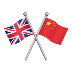 Crossed flags of the United Kingdom and China isolated on transparent background. 3D rendering