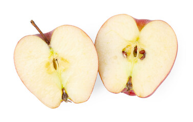 Halves of ripe red apple on white background, top view