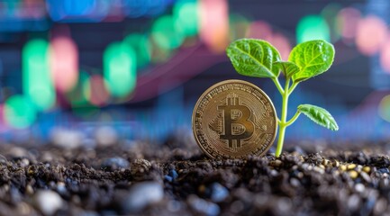 Photograph of coins with the bitcoin symbol growing from soil, green plant sprouting next to it