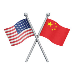 Crossed flags of the United States and China isolated on transparent background. 3D rendering