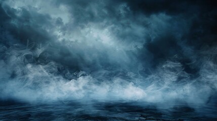 Abstract blue smoke moves on black background. Blue fog on the empty dark scene, studio room with mist