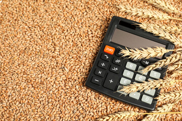 Calculator and wheat ears on grains, above view. Agricultural business