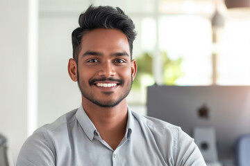 Obraz premium Cheerful young man with a charming smile poses in a well-lit office environment, exuding confidence and professionalism while dressed in smart casual attire