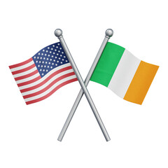 Crossed flags of the United States and Ireland isolated on transparent background. 3D rendering
