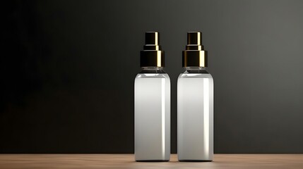 Glass bottle with dispenser for essential oil on a dark background. Natural Organic Spa Cosmetic concept. Skin care product, aromatic oil spray