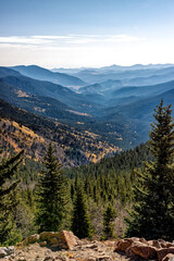 Panoramic layered misty mountain range, pine tree forest green valley, scenic viewpoint of the wilderness
