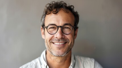 A middle-aged man with curly hair and glasses shares a friendly smile, dressed in casual attire for a relaxed look. - obrazy, fototapety, plakaty