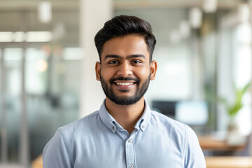 Obraz premium Portrait of a cheerful young businessman with a beard, wearing a light blue shirt and smiling at the camera in a modern office environment, radiating confidence and professionalism