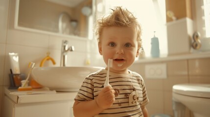 A young child with wild curls and a striped shirt is fascinated by brushing teeth, with morning light streaming in.