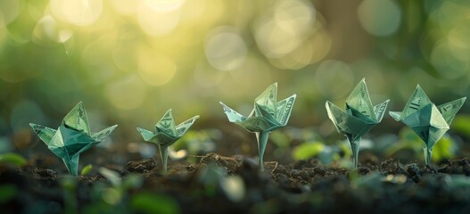 Row of folded paper US dollar bills growing in the ground, with blurred background and green bokeh light effects.