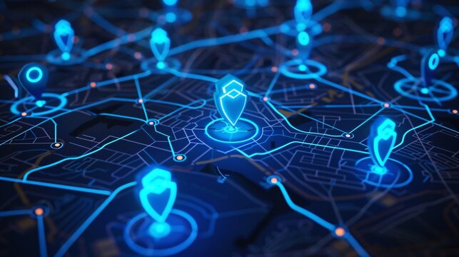 Digital GPS, neon map pin location.  Innovation navigation technology concept, network connection, information pointers