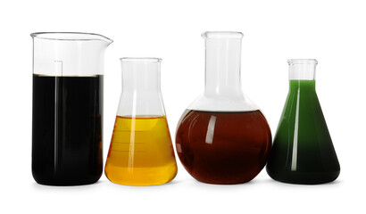 Beaker and flasks with different types of oil isolated on white