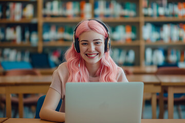 Joyful young woman with trendy pink hair and headphones sitting in a library, working on her laptop with a bright, engaging smile, surrounded by bookshelves