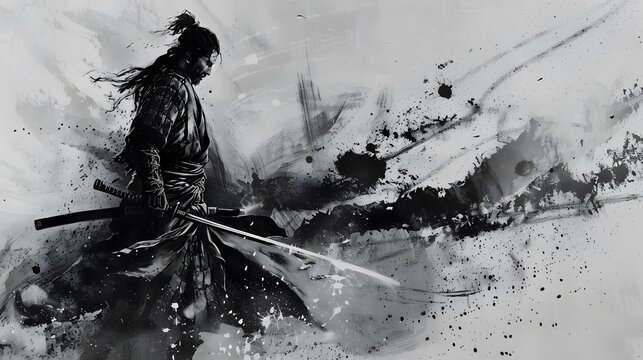 Abstract ink drawing of a samurai. Japanese style art.