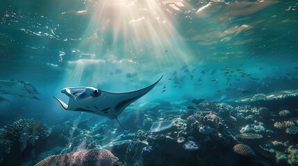 An awe-inspiring image of a manta ray gracefully gliding through crystal-clear waters above a coral reef, embodying the grace and magnificence of marine life on World Reef Awareness Day.