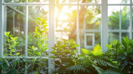 Lush indoor plants bask in natural sunlight through large conservatory windows, embodying a peaceful, green space.